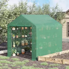 Outsunny Walk-in Greenhouse with 4 Tier 24 Shelves, Portable Grow House with Roll-up Zipped Door, 244 x 180 x 210cm, Green - 2