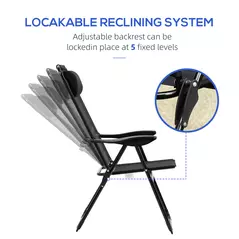 Outsunny Set of 2 Portable Folding Recliner Metal Outdoor Patio Chaise Lounge Chairs with Adjustable Backrest, Black - 5