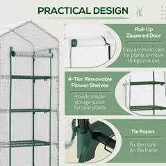 Outsunny 4 Tier Mini Greenhouse, Portable Compact Green House with Steel Frame, PE Cover, Roll-up Door, 70 x 50 x 160 cm, White - 6