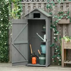 Outsunny Wooden Garden Shed, Utility Outdoor Small Shed with Lockable Double Doors, Shelves and Roof Hatch, Grey - 2
