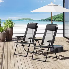 Outsunny Set of 2 Portable Folding Recliner Metal Outdoor Patio Chaise Lounge Chairs with Adjustable Backrest, Black - 2