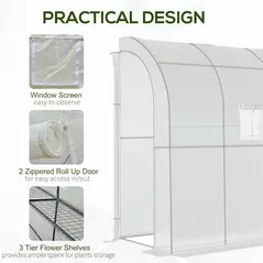 Outsunny Walk-In Lean to Wall Greenhouse with Windows and Doors, Outdoor Green House with 3 Tiers 4 Wired Shelves, 200L x 100W x 215Hcm, White - 6