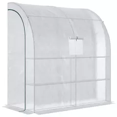 Outsunny Walk-In Lean to Wall Greenhouse with Windows and Doors, Outdoor Green House with 3 Tiers 4 Wired Shelves, 200L x 100W x 215Hcm, White - 1