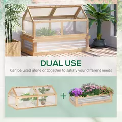 Outsunny Raised Garden Bed with Greenhouse Top, Garden Wooden Cold Frame Greenhouse Flower Planter Protection with 2 Independent Roofs, 122x 61 x 82cm, Natural - 4