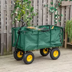 Outsunny Large 4 Wheel Heavy Duty Garden Cart Truck Trolley Wheelbarrow with Handle and Metal Frame - Green - 2
