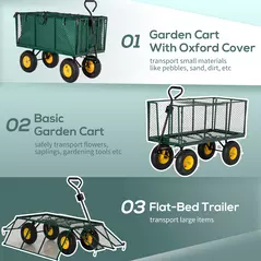 Outsunny Large 4 Wheel Heavy Duty Garden Cart Truck Trolley Wheelbarrow with Handle and Metal Frame - Green - 5