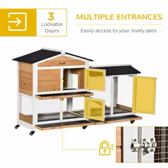 PawHut Rabbit Hutch Outdoor with Run Guinea Pig Hutch 2-Tier Bunny Cage w/ Wheels No-Leak Plastic Tray 157.4 x 53 x 99.5 cm - Yellow - 6