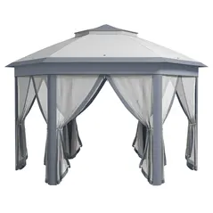 Outsunny 3 x 4m Metal Frame Hexagon Gazebo, with Curtains - Grey - 1
