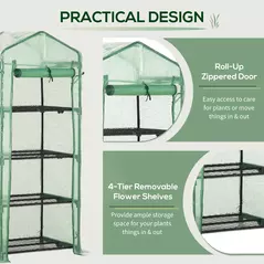 Outsunny 4 Tier Mini Greenhouse, Portable Compact Green House with Steel Frame, PE Cover, Roll-up Door, 70 x 50 x 160 cm, Green - 6
