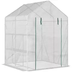 Outsunny Walk In Greenhouse with 2 Tier Shelf, Portable Gardening Plant Grow House Tomato Greenhouse with Roll up Zip Panel Door, Reinforced PE Cover, 143 x 143 x 195cm, Green - 1