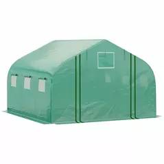 Outsunny Walk-in Polytunnel Garden Greenhouse, Outdoor Mesh Door Greenhouse with PE Cover and 6 Windows, 4.5 x 3 x 2m, Green - 1