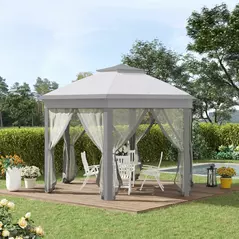 Outsunny 3 x 4m Metal Frame Hexagon Gazebo, with Curtains - Grey - 2
