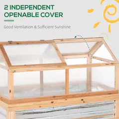 Outsunny Raised Garden Bed with Greenhouse Top, Garden Wooden Cold Frame Greenhouse Flower Planter Protection with 2 Independent Roofs, 122x 61 x 82cm, Natural - 7