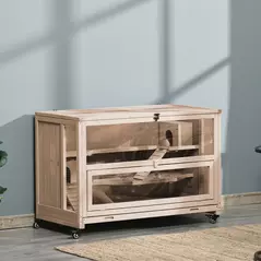 PawHut Wooden Hamster Cage, Mice Rodent Small Animals Kit Hutch, 3 Tiers Exercise Play House, with Wheels, Bottom Tray, 99 x 50 x 69 cm, Natural Wood - 2