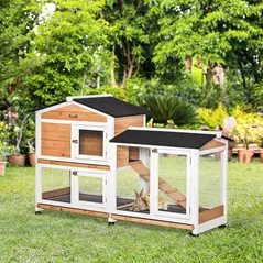 PawHut Rabbit Hutch Outdoor with Run Guinea Pig Hutch 2-Tier Bunny Cage w/ Wheels No-Leak Plastic Tray 157.4 x 53 x 99.5 cm - Yellow - 2