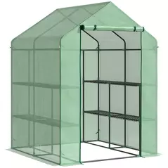 Outsunny Walk in Greenhouse with Shelves Steeple Green House for Garden Grow House Removable Cover 143x138x190cm, Green - 1