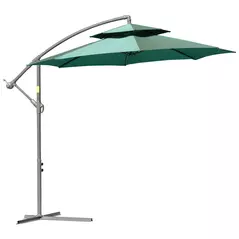 Outsunny 2.7m Banana Parasol Cantilever Umbrella with Crank Handle, Double Tier Canopy and Cross Base for Outdoor, Hanging Sun Shade, Green - 1