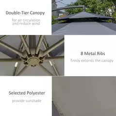 Outsunny 2.7m Garden Banana Parasol Cantilever Umbrella with Crank Handle, Double Tier Canopy and Cross Base for Outdoor, Hanging Sun Shade, Dark Grey - 6