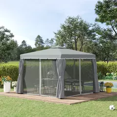 Outsunny 3 x 3(m) Patio Gazebo Canopy Garden Pavilion Tent Shelter Marquee with 2 Tier Water Repellent Roof, Mosquito Netting and Curtains, Aluminium Frame, Dark Grey - 2