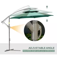 Outsunny 2.7m Banana Parasol Cantilever Umbrella with Crank Handle, Double Tier Canopy and Cross Base for Outdoor, Hanging Sun Shade, Green - 4
