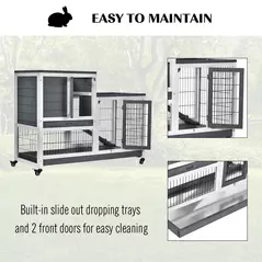 PawHut Small Animals 2-TierFir Wood Guinea Pigs Hutches Indoor Hutch Grey - 6