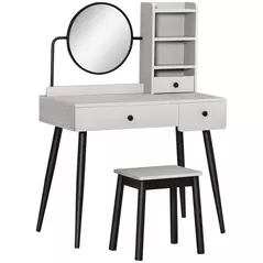 HOMCOM Dressing Table Set with Mirror and Stool, Vanity Makeup Table with 3 Drawers and Open Shelves for Bedroom, Living Room, Grey - 2