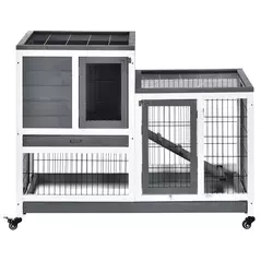 PawHut Small Animals 2-TierFir Wood Guinea Pigs Hutches Indoor Hutch Grey - 9