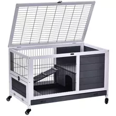 PawHut Rabbits Indoor Fir Wood Lift-Top Hutch Guinea Pigs Hutches-Grey and White - 9
