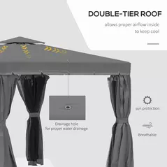 Outsunny 3 x 3(m) Patio Gazebo Canopy Garden Pavilion Tent Shelter Marquee with 2 Tier Water Repellent Roof, Mosquito Netting and Curtains, Aluminium Frame, Dark Grey - 4