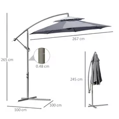 Outsunny 2.7m Garden Banana Parasol Cantilever Umbrella with Crank Handle, Double Tier Canopy and Cross Base for Outdoor, Hanging Sun Shade, Dark Grey - 3