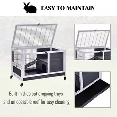 PawHut Rabbits Indoor Fir Wood Lift-Top Hutch Guinea Pigs Hutches-Grey and White - 6