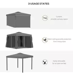 Outsunny 3 x 3(m) Patio Gazebo Canopy Garden Pavilion Tent Shelter Marquee with 2 Tier Water Repellent Roof, Mosquito Netting and Curtains, Aluminium Frame, Dark Grey - 6