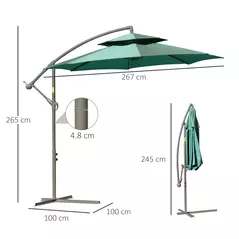 Outsunny 2.7m Banana Parasol Cantilever Umbrella with Crank Handle, Double Tier Canopy and Cross Base for Outdoor, Hanging Sun Shade, Green - 3