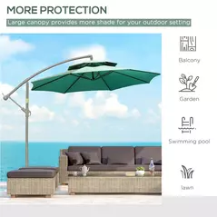 Outsunny 2.7m Banana Parasol Cantilever Umbrella with Crank Handle, Double Tier Canopy and Cross Base for Outdoor, Hanging Sun Shade, Green - 5