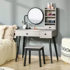 HOMCOM Dressing Table Set with Mirror and Stool, Vanity Makeup Table with 3 Drawers and Open Shelves for Bedroom, Living Room, Grey - 1