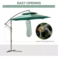 Outsunny 2.7m Banana Parasol Cantilever Umbrella with Crank Handle, Double Tier Canopy and Cross Base for Outdoor, Hanging Sun Shade, Green - 7