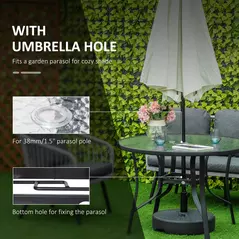 Outsunny 106cm Round Garden Dining Table with Parasol Hole Tempered Glass Top Steel Frame - 4