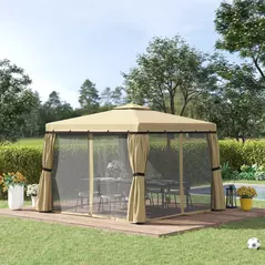 Outsunny 3 x 3(m) Patio Gazebo Canopy Garden Pavilion Tent Shelter with 2 Tier Water Repellent Roof, Mosquito Netting and Curtains, Aluminium Frame, Beige - 2