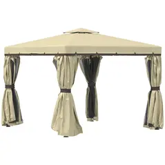 Outsunny 3 x 3(m) Patio Gazebo Canopy Garden Pavilion Tent Shelter with 2 Tier Water Repellent Roof, Mosquito Netting and Curtains, Aluminium Frame, Beige - 1