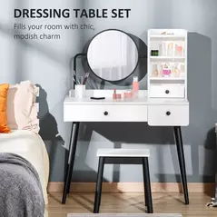 HOMCOM Dressing Table Set with Mirror and Stool, Vanity Makeup Table with 3 Drawers and Open Shelves for Bedroom, Living Room, White - 4