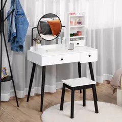 HOMCOM Dressing Table Set with Mirror and Stool, Vanity Makeup Table with 3 Drawers and Open Shelves for Bedroom, Living Room, White - 2