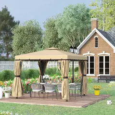 Outsunny 3 x 3(m) Patio Gazebo Canopy Garden Pavilion Tent Shelter with 2 Tier Water Repellent Roof, Mosquito Netting and Curtains, Aluminium Frame, Beige - 9