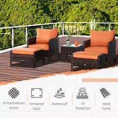 Outsunny 5 Pieces PE Rattan Garden Furniture Set with 10cm Thick Padded Cushions, Wicker Weave Outdoor Seating Chairs with 2 Armchairs, 2 Stools, Glass Top Table, Brown - 4