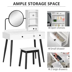 HOMCOM Dressing Table Set with Mirror and Stool, Vanity Makeup Table with 3 Drawers and Open Shelves for Bedroom, Living Room, White - 5