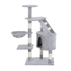 PawHut Cat Tree for Indoor Cats Kitten Scratching Post Scratch Scratcher Climb Activity Center Play House Pet Furniture 125cm (Grey) - 1