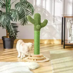 PawHut Cat Tree Cactus Sisal Scratching Post for Indoor Cats Play Tower Kitten Furniture with Hanging Ball Interactive Fun Roller Exerciser 32 x 32 x 60cm - 1