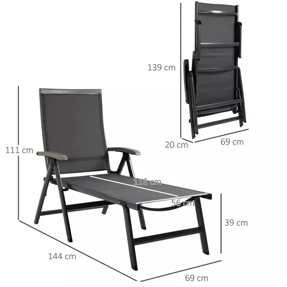 Outsunny Outdoor Folding Sun Lounger, 5-Position Adjustable Chaise Lounge Chair with Aluminium Frame for Patio, Pool and Garden, Grey - 3