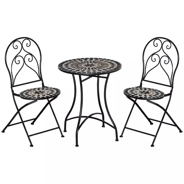 Outsunny 3 Pieces Garden Bistro Set with Coffee Table and 2 Folding Single Chairs, Mosaic Garden Table Top and Seats, Metal Frame, for Patio Balcony, Black - 1