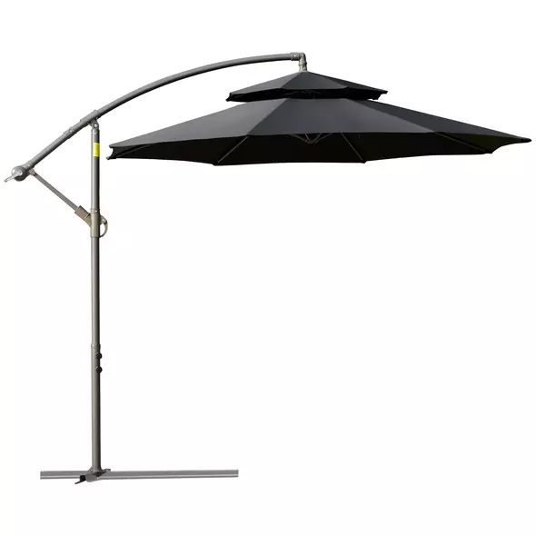 Outsunny 2.7m Banana Parasol Cantilever Umbrella with Crank Handle, Double Tier Canopy and Cross Base for Outdoor, Hanging Sun Shade, Black - 1