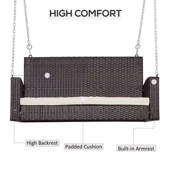 Outsunny 2 Seater Rattan Garden Swing Chair, Porch Swing Bench Loveseat with Cushion, Wicker Outdoor Hanging Swinging Seat with 2 Metal Chains, 250 KG Capacity for Patio, Balcony, Cream White - 5